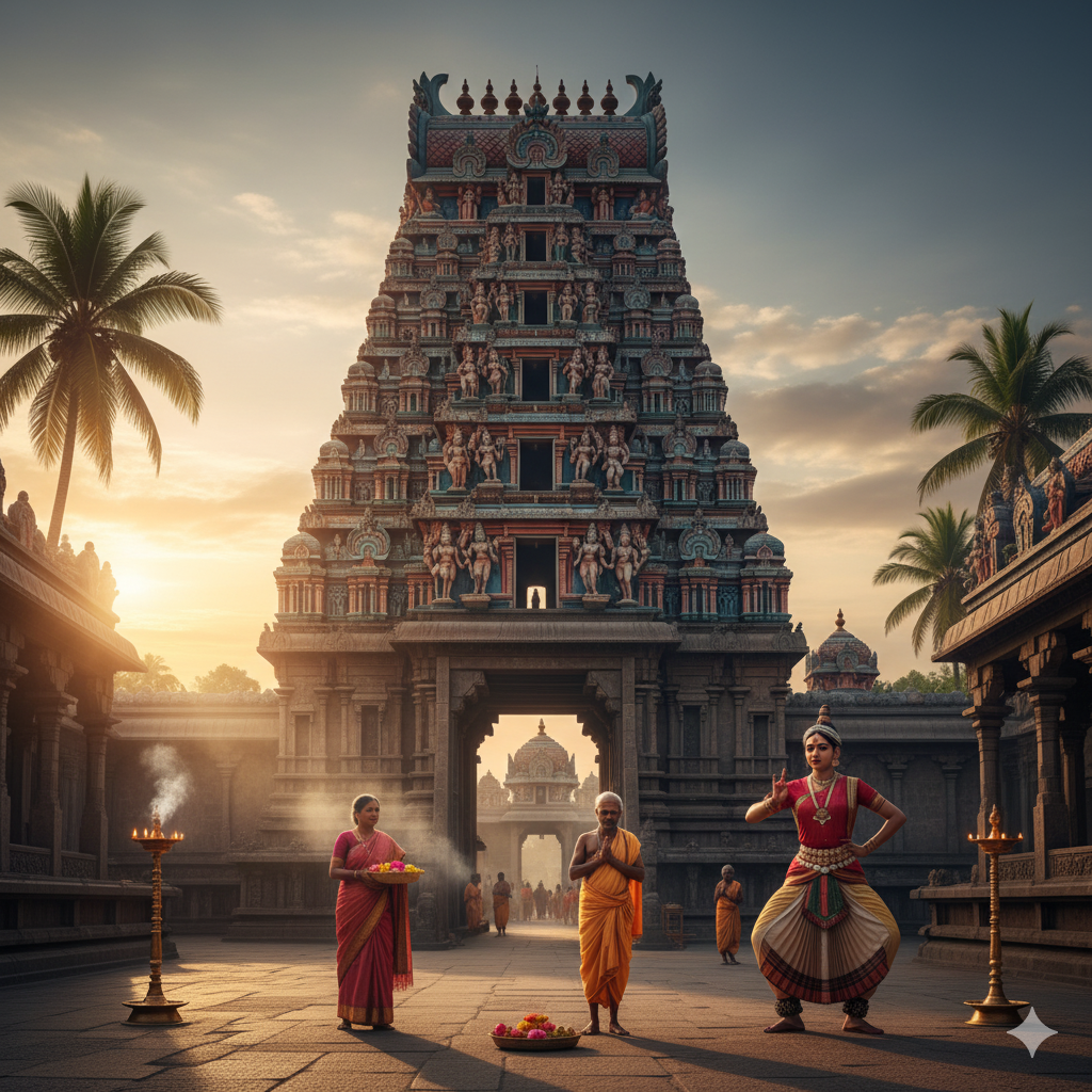 "Where Stone Speaks to the Soul. Journey through South India to witness the colossal Gopurams and intricate carvings of Dravidian architecture—a timeless testament to faith and artistic genius. Explore centuries of culture etched in every temple pillar."