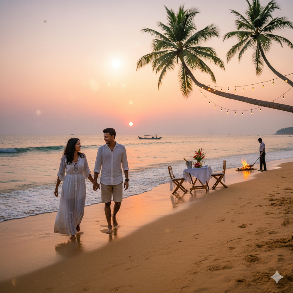 "Where every journey begins with serenity. Drift away with your loved one on a tropical escape tailored for two. Your perfect Goa honeymoon starts here."