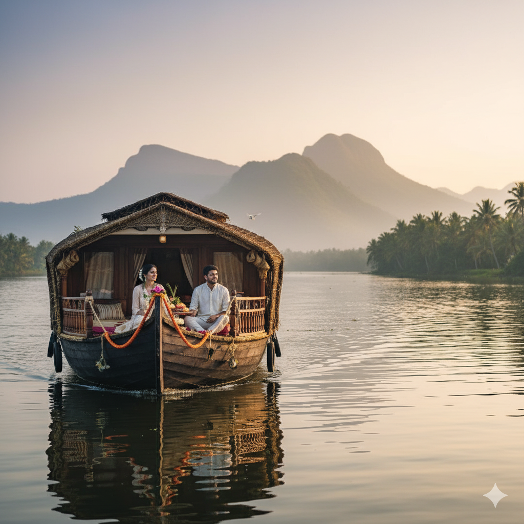 "Float into forever on Kerala's serene backwaters, where romance meets tranquility. Imagine waking up to views like this, perfectly blending with the misty charm of Munnar. Your unforgettable Kerala honeymoon awaits!"